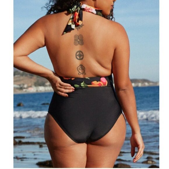 12) NEW Floral Print Black Plunge Halter One Piece Swimsuit- Show 02/13/22 - Picture 2 of 9